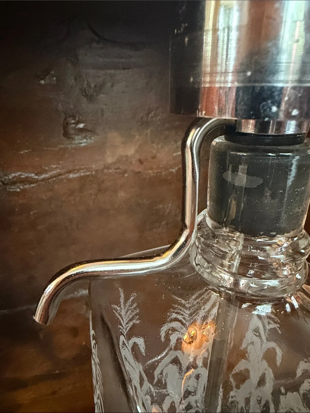 Continental Etched Glass Bourbon Dispenser with Chrome Pump Mid century modern